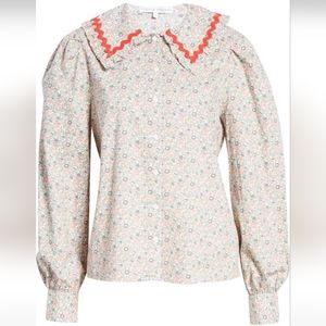English Factory Floral Button Down Blouse with Large Collar and Puff Sleeves